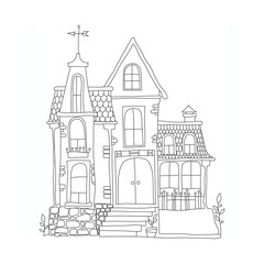 black and white illustration in cartoon style mansion