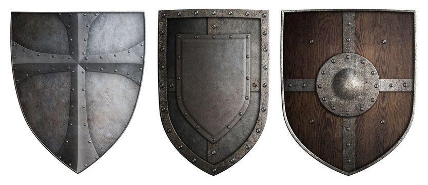 various crusaders knights shields set isolated 3d illustration