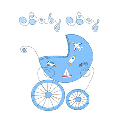 Baby boy arrival card with hand drawn retro styled baby carriage and handwritten words Baby Boy, vector illustration