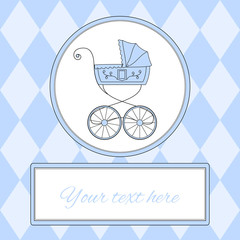 Fototapeta na wymiar Baby boy arrival card or invitation with retro styled baby carriage and place for text, vector illustration