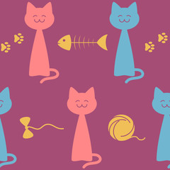 Seamless pattern with happy cats and related items against dark pink background, vector illustration