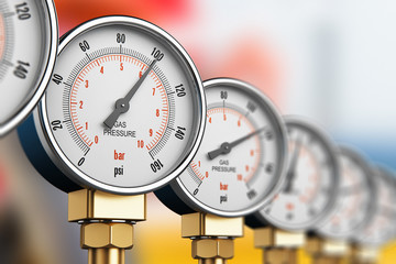 Fototapeta Row of industrial high pressure gas gauge meters obraz