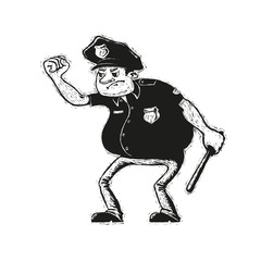 Black and white illustration  of angry police officer