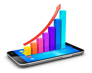 Smartphone and growing bar chart with arrow