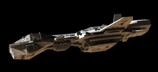 Science fiction illustration of an interplanetary gunship, isolated on black, side view, 3d digitally rendered illustration