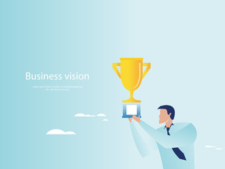 Triumph in business. Businessman holding trophy