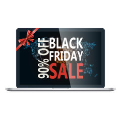 Black Friday sale inscription photorealistic design template. Advertising banner with red bow and place for text. Vector illustration EPS 10
