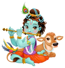 Gordijnen Baby Krishna met heilige koe © ddraw