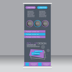 Roll up banner stand template. Abstract background for design,  business, education, advertisement. Blue and purple color. Vector  illustration.