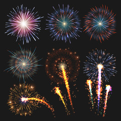 Collection festive fireworks of various colors arranged on a black background. Isolated outbreaks transparent to paste. Set of sparkling abstract shapes illustration 