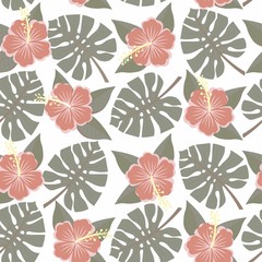 seamless tropical leaves and flowers - monstera and hibiscus