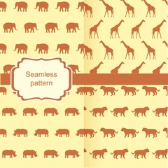 set vector seamless backgrounds with animals - elephants, giraffes, rhinos, tigers