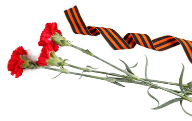 &Ntilde;arnations and St. George's ribbon isolated on white. Symbols of Victory in Great Patriotic War