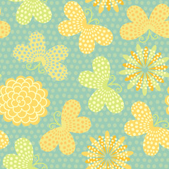 Vector seamless pattern with summer flowers and butterflies.