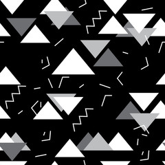 Seamless geometric pattern with white, gray triangles in pop art, retro 80s style. With lines, zigzag in white on black background.