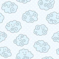 Seamless pattern with funny cartoon clouds on blue peas background. 