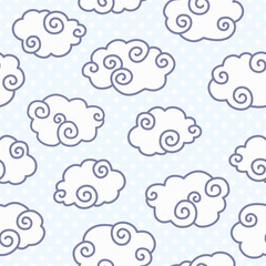 Seamless pattern with funny clouds on dotted light blue background. 