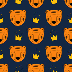 Baby tiger with gold crown seamless pattern on dark blue background. Child drawing style wild animal background. Tiger illustration. Cute design for print on baby's clothes.
