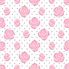 Pink roses pattern on polka dots background. Floral seamless pattern. Fashion design for fabric and decor. Vector decorative illustration.