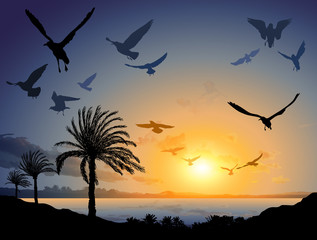Tropical sea landscape with flock of flying bird