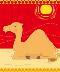 Sitting Camel - Stylized illustration of a camel sitting on the sand and decorative red sky in background. Eps10
