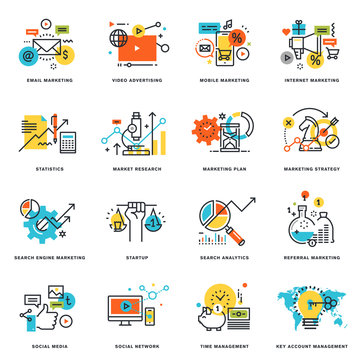 Set of flat line design icons of internet marketing and online business. Vector illustration concepts for graphic and web design and development, isolated on white.