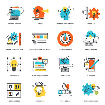 Set of flat line design icons of graphic design, tools and creative process. Vector illustration concepts for graphic and web design and development, isolated on white.