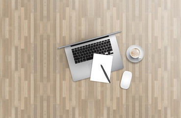 Office business top view image for mock up with laptop, paper, pen, mouse and coffee. Wooden background