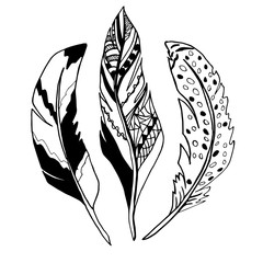 Boho style hand-drawn feathers set