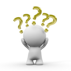 white 3d person with golden question marks around the head (3d illustration on a white background)

