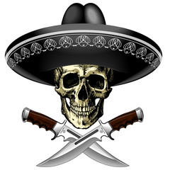 Skull in sombrero with two knives on a blank background