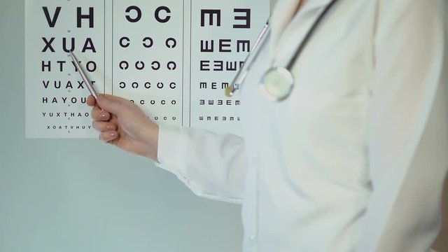 Female oculist pointing at table with small letters, checking patient's eyesight