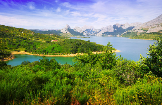 Summer mountains landscape with lake