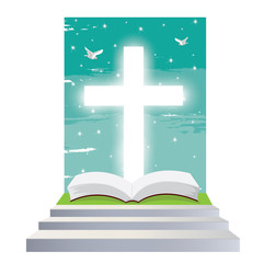 illustration. Bible open Christian. Staircase into the light. Religious symbol of Christianity.