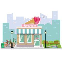illustration. ice cream and shop building facade.