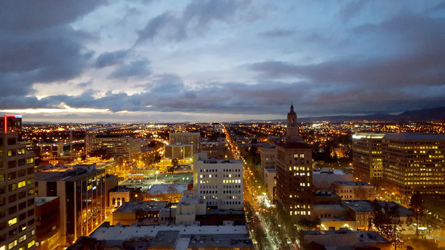 San Jose, Silicon Valley view from downtown to the north and San Jose International Airport at sunset.