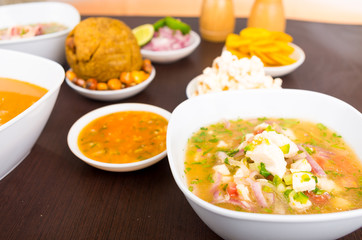 Fresh fish ceviche with spicy sauce and traditional food