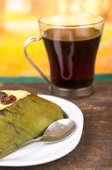 Traditional tea time on Ecuador, quimbolito and coffee