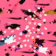 Seamless pattern design with random watercolor or ink splashes, dots, lines, brush strokes and...