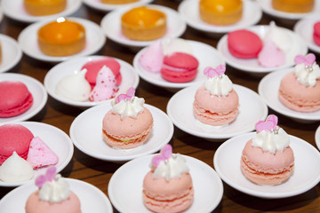 Different kinds of beautiful pastry, small colorful sweet macaron, and other dessert in the sweet buffet