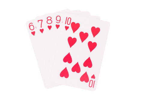 Straight Flush playing cards isolated on white background.
