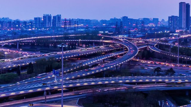  The night view of busy traffic at the Sihui flyover of Beijing, China.
