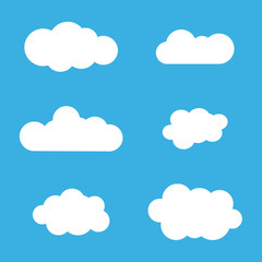 Cloud icons set. White outline isolated on blue sky background. Collection template elements design. Symbol of space, weather, clear and nature. Abstract signs. Flat graphic style. Vector Illustration