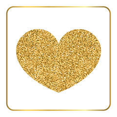 Gold heart. Golden glitter metal sign shape isolated on white background. Symbol love, romantic, holiday. Valentine Day vintage concept Design element Template for invitation, card Vector Illustration