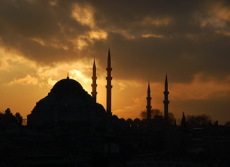 The outlines of the Suleymaniye Mosque at night. Istanbul, Turkey