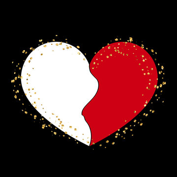 Halves red and white heart icon. Two half puzzle. Art design template. Broken shape sign, isolated on white background. Symbol wedding, Valentine day, romantic, love. Golden splash Vector illustration