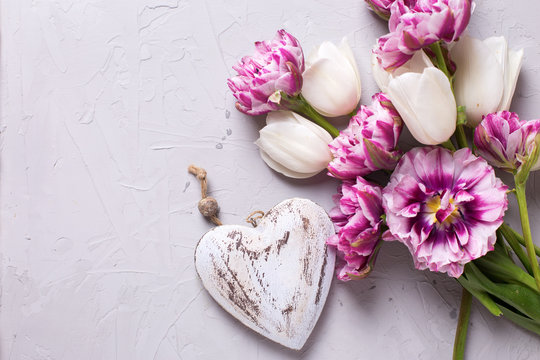 White and violet  tulips flowers and decorative heart on grey te