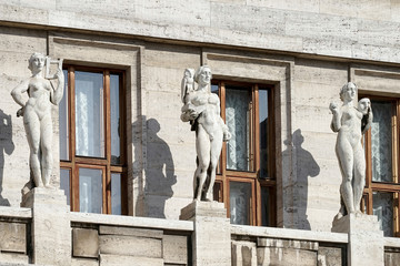 View of the statues on the Municipal Library in Prague