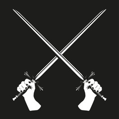 Two crossed swords in their hands. Vector illustration. Black and white view.