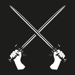 Two crossed swords in their hands. Vector illustration. Black and white view.